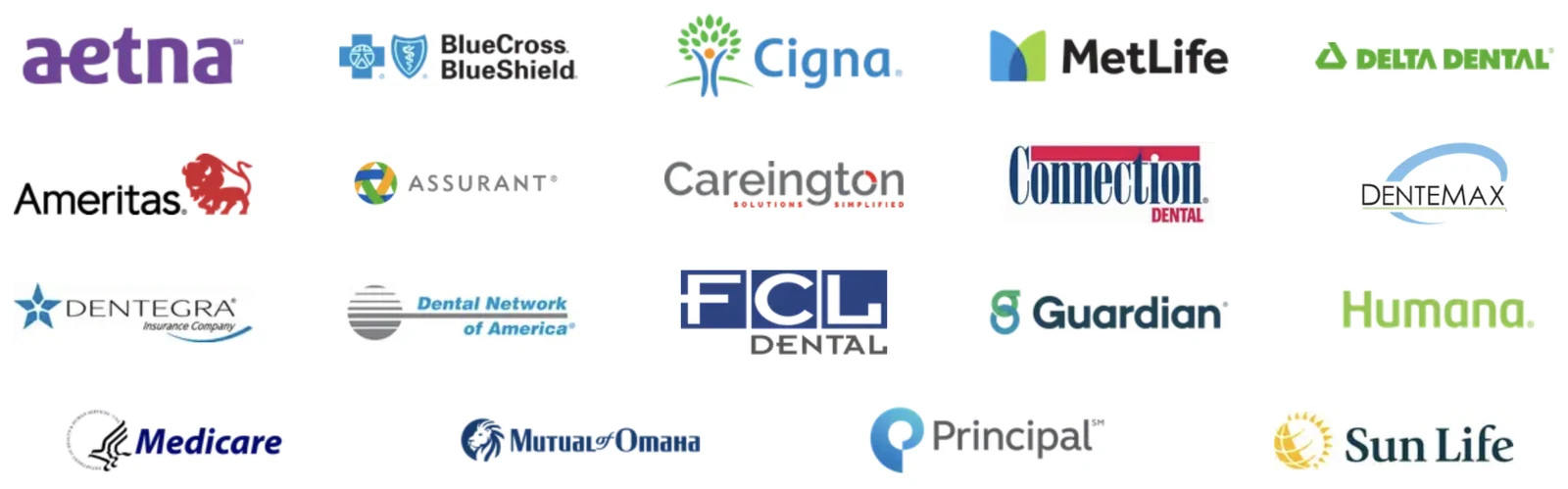 Accepted insurance plans at Premier Dental including Aetna, Blue Cross Blue Shield, Cigna, MetLife, Delta Dental, Guardian, Humana, Medicare and more