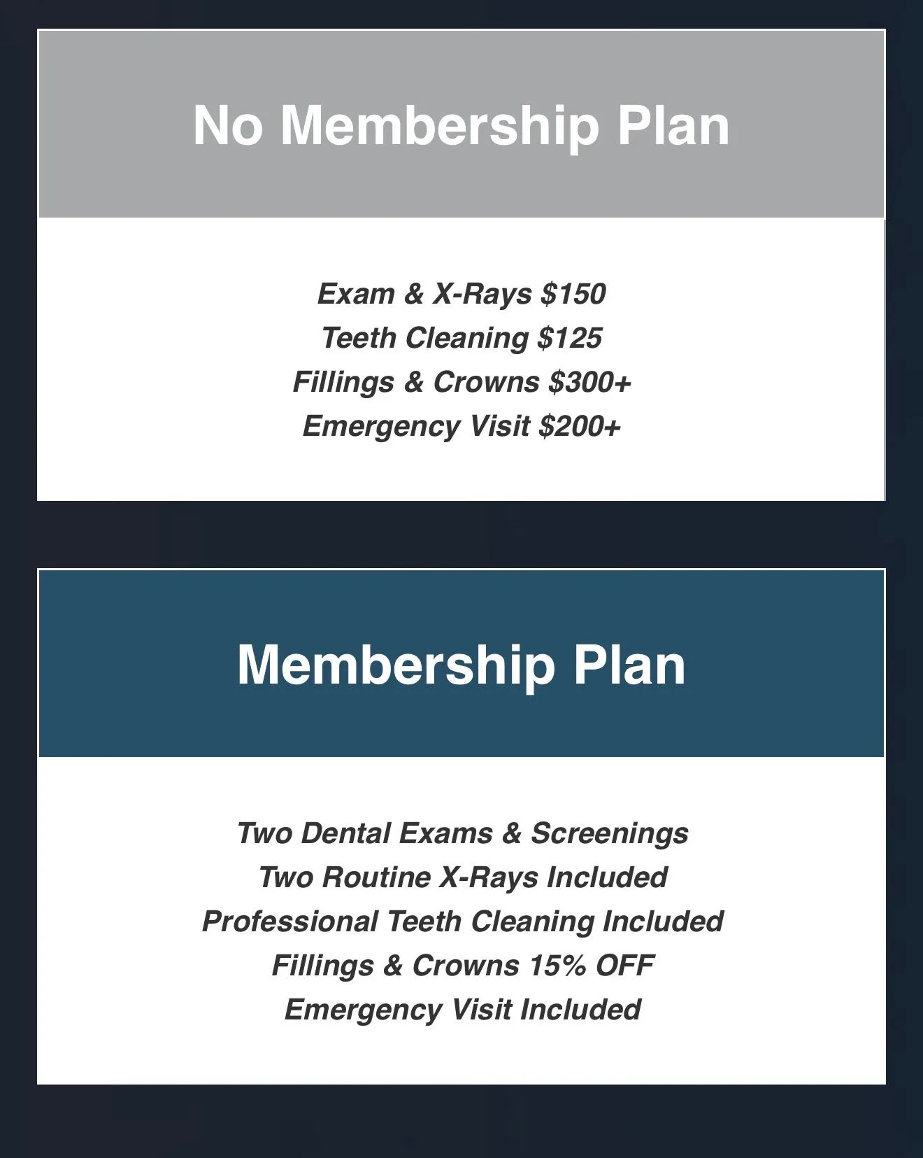 Membership plan pricing comparison - with and without membership